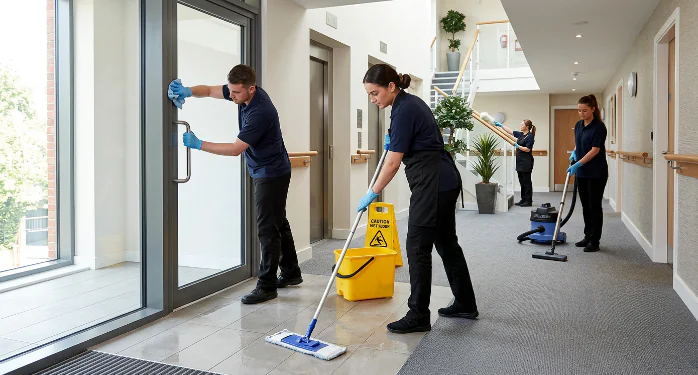 Professionelle Gebäudereinigung in Bremen und Bremerhaven: Reinigungsteam bei der Büro- und Treppenhausreinigung.