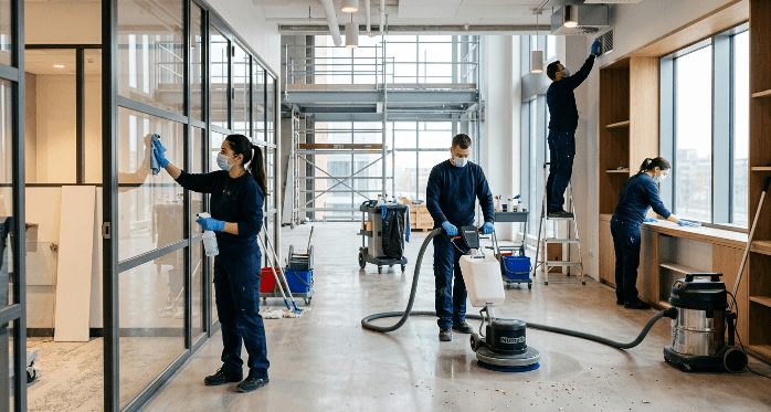 Professionelle Bauendreinigung in Bremen und Bremerhaven: Reinigungsteam bei der Baustellenreinigung nach Renovierung.