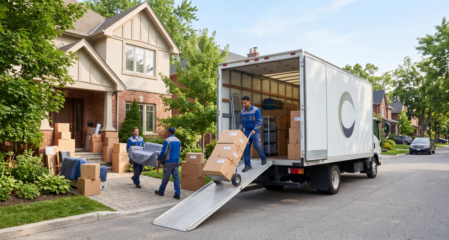 Professioneller Umzug Service in Bremen und Bremerhaven: Umzugsunternehmen belädt LKW vor Einfamilienhaus.